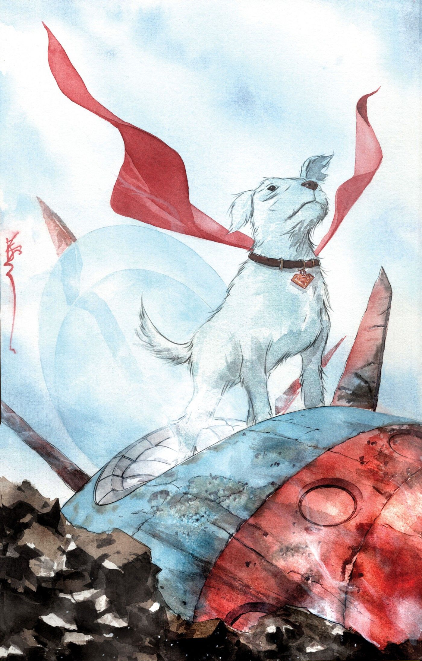 Cubra a arte de Krypto, o superdog, em cima de uma cápsula de espaço acidentado com a capa fluindo