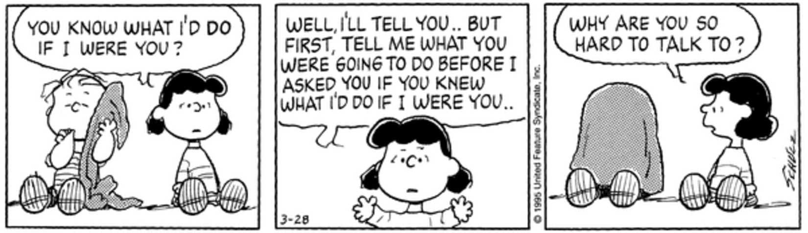 Linus throwing a blanket over himself when Lucy nags him.