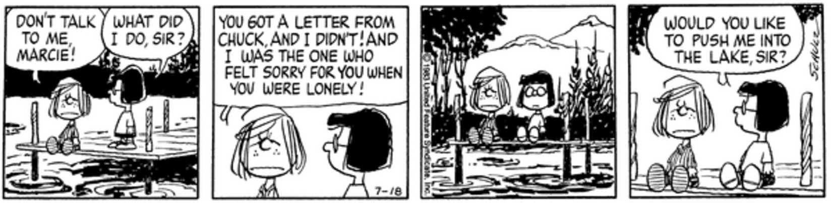 Peppermint Patty and Marcie sitting on a lake dock.