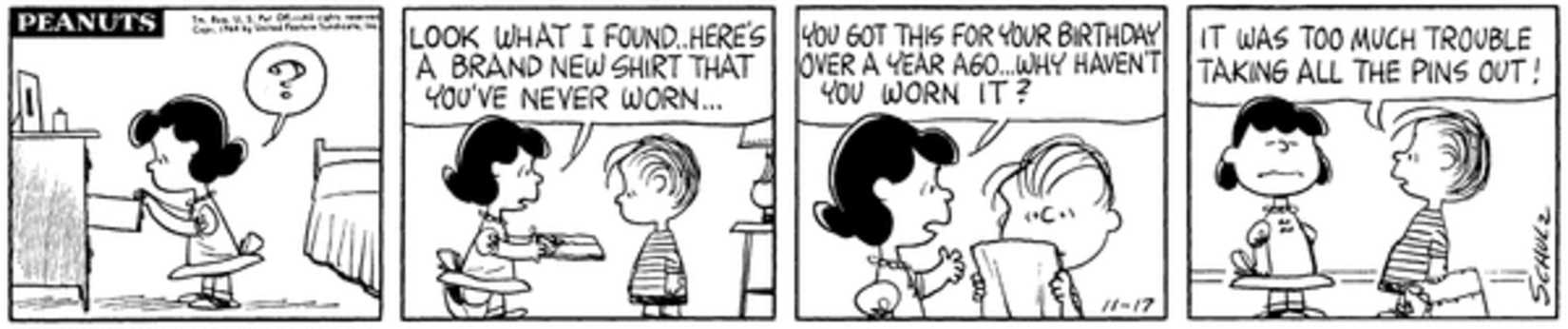 Lucy getting a shirt from Linus's drawer and showing it to him.