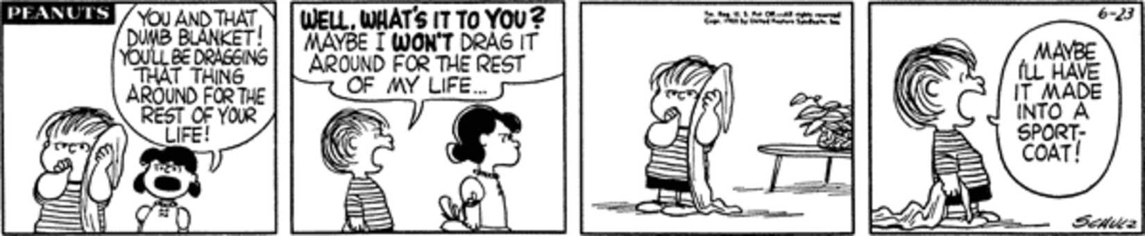Linus mad with his blanket at Lucy yelling at him.