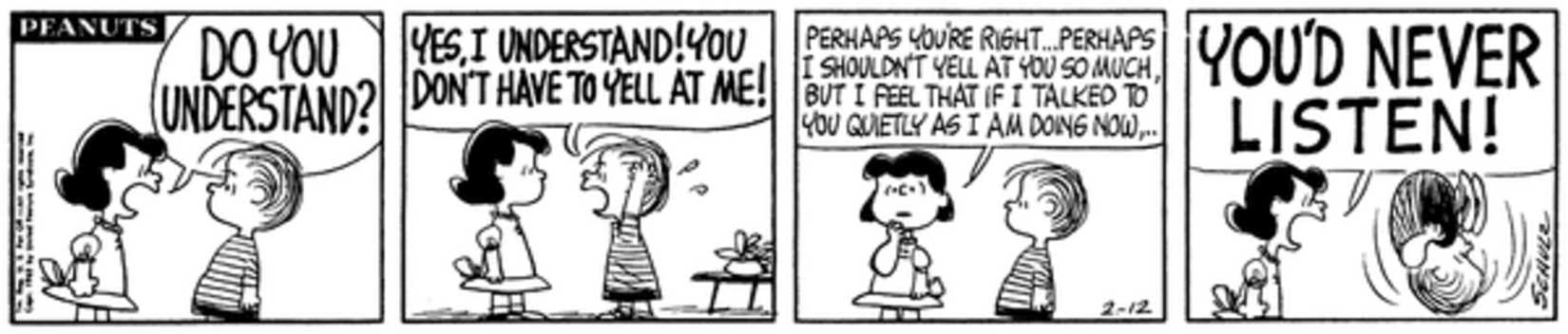Lucy and Linus yelling at each other.
