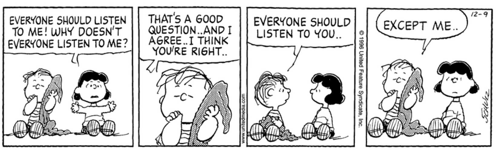 Linus and Lucy sitting and talking.