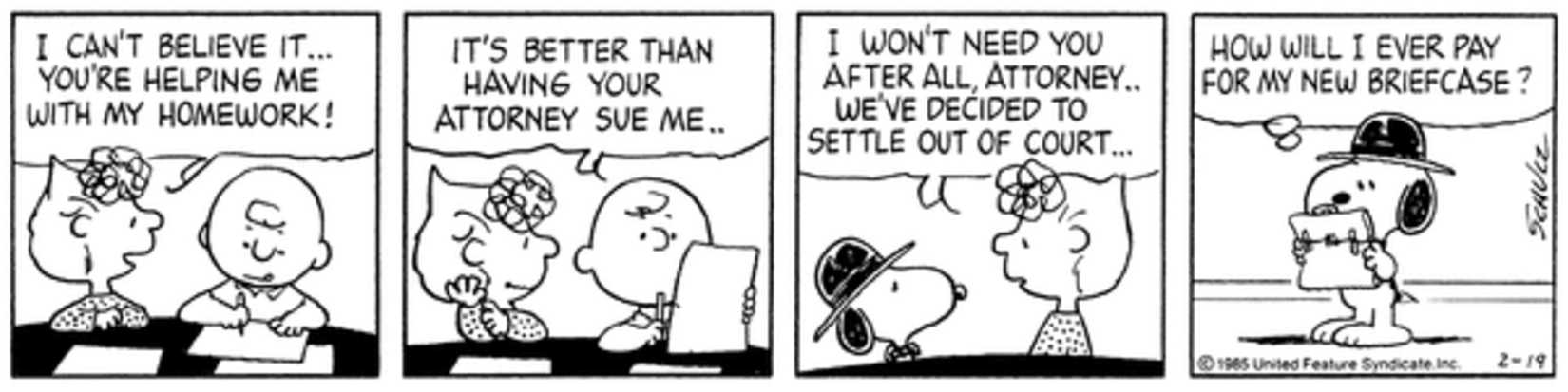 Sally talking to Charlie Brown while the World Famous attorney looks at his briefcase.