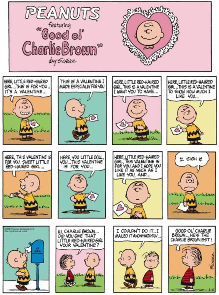 Linus and Charlie Brown talking about mailing a card on Valentine's Day.
