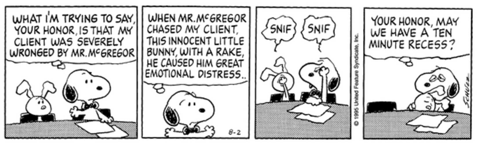 Snoopy as World Famous Attorney fake crying with Peter Rabbit.