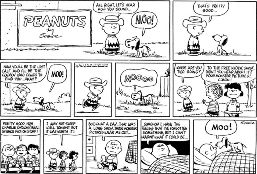 Charlie Brown leaving playing pretend with Snoopy and being awoken by him in the middle of the night.