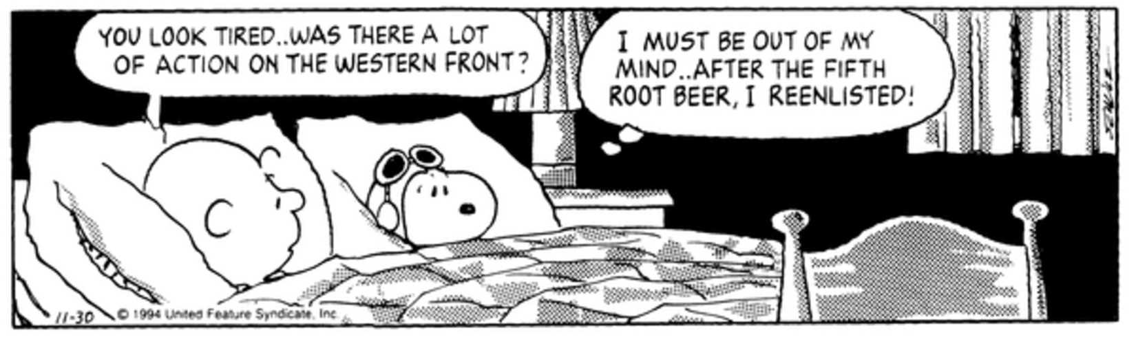 Charlie Brown and the Flying Ace in bed.