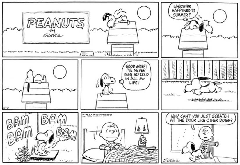 Snoopy kicking Charlie Brown's door at night.