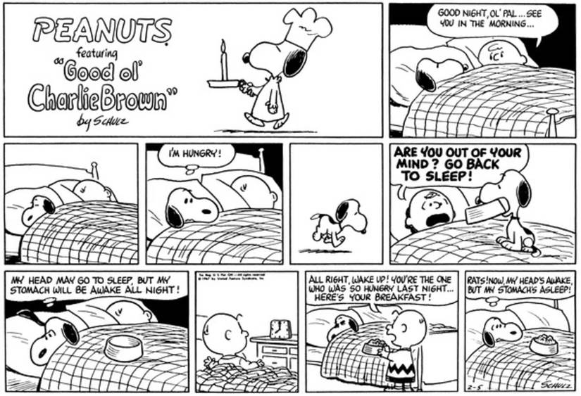 Snoopy trying to get food from Charlie Brown while he's asleep.