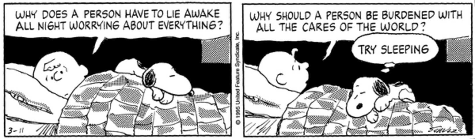 Snoopy trying to sleep while Charlie Brown worries.