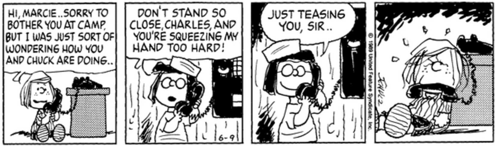Peppermint Patty and Marcie talking on the phone.