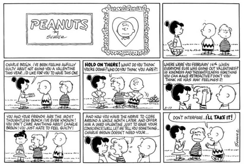 Schroeder yelling at Violet on behalf of Charlie Brown.