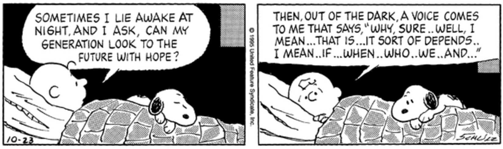 Charlie Brown awake at night and waking up Snoopy with talking.