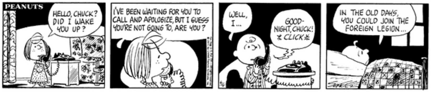 Peppermint Patty's call waking up Charlie Brown.