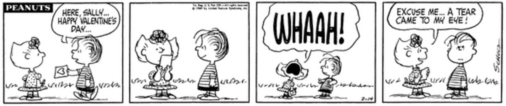 Linus handing Sally a valentine.