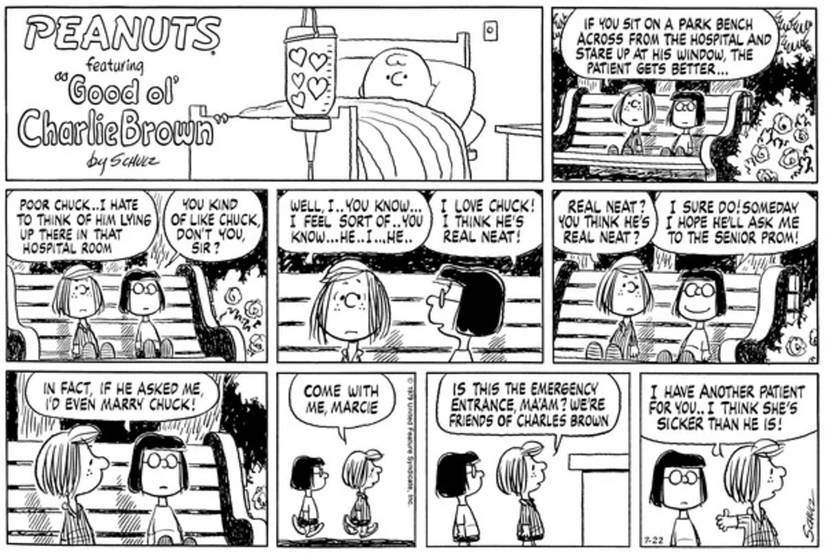 Peppermint Patty and Marcie on a bench.