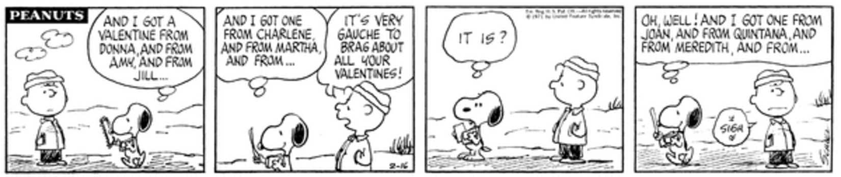 Snoopy reading his many valentines in front of Charlie Brown.