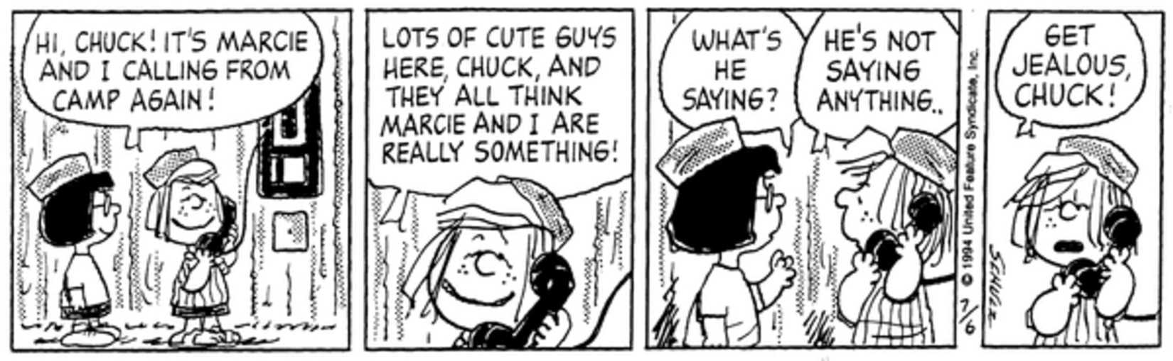 Peppermint Patty and Marcie on the phone at camp.