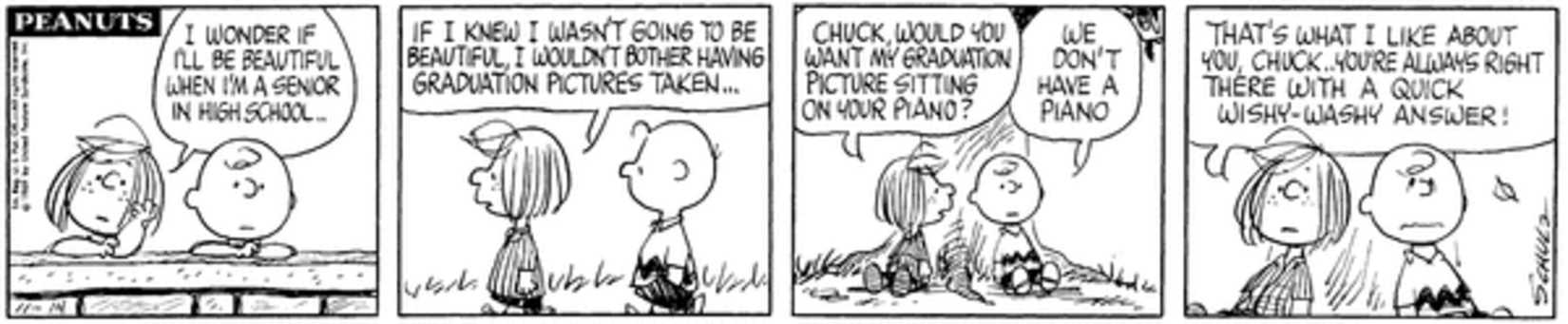 Peppermint Patty and Charlie Brown talking under a tree.