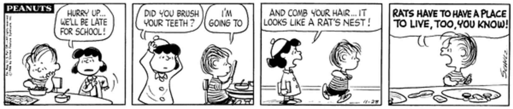 Lucy nagging Linus while he is eating breakfast.