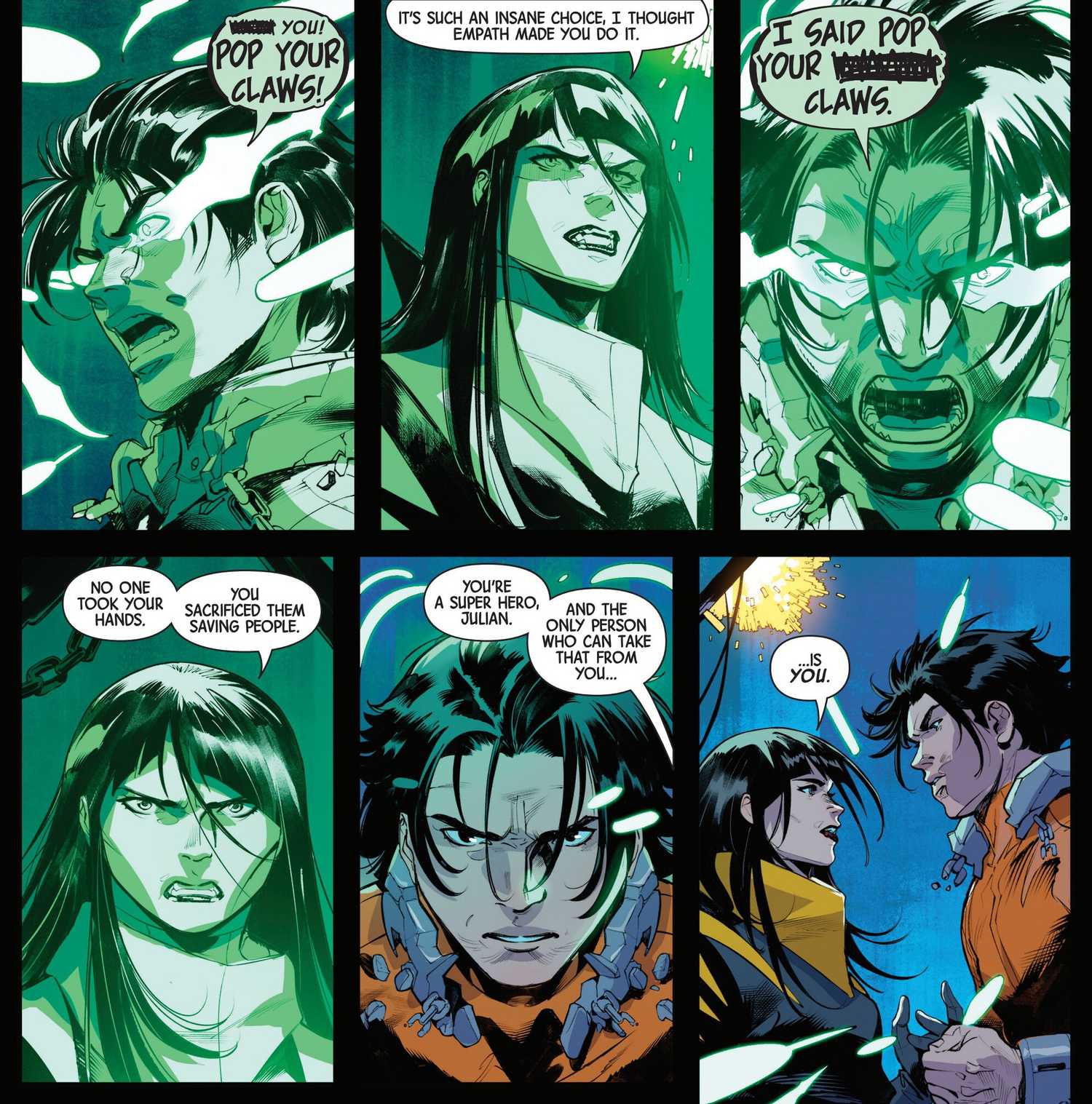 X-Men's Hellion is surrounded by green telekinetic energy as he talks to Wolverine Laura Kinney. 
