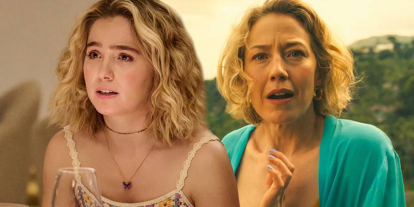 Laurie looking shocked on a cliff in The White Lotus season 3 (2025) next to Portia looking worried at dinner in The White Lotus season 2 (2022)