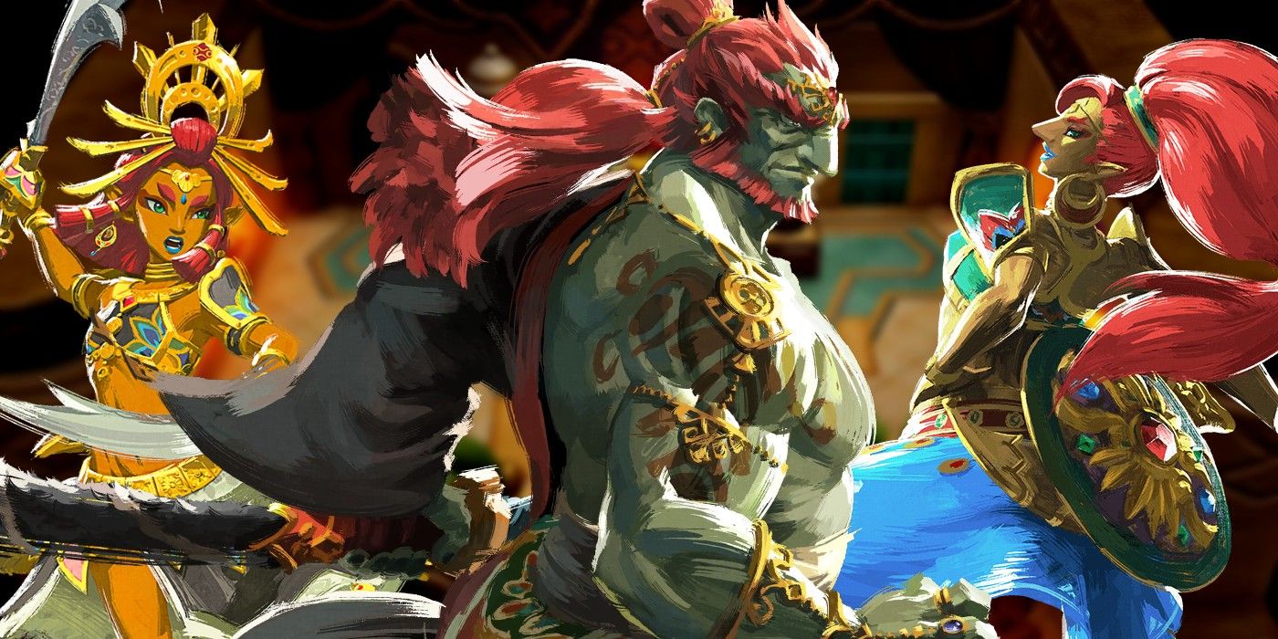 Art of Ganondorf, Riju and Urbosa with Echoes of Wisdom&rsquo;s Gerudo Town Throne Room in the background.