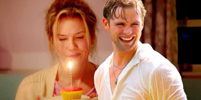 Leo Woodall in a wet shirt next to Renee Zellweger with a birthday cupcake in Bridget Jones Mad About the Boy