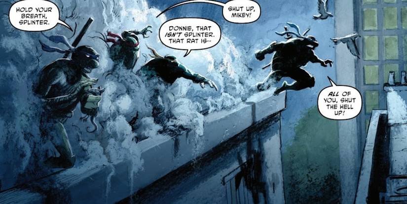 Leonardo tells Raphael and Michelangelo to shut up about Donatello's dead rat who may or may not be Master Splinter in Teenage Mutant Ninja Turtles #6