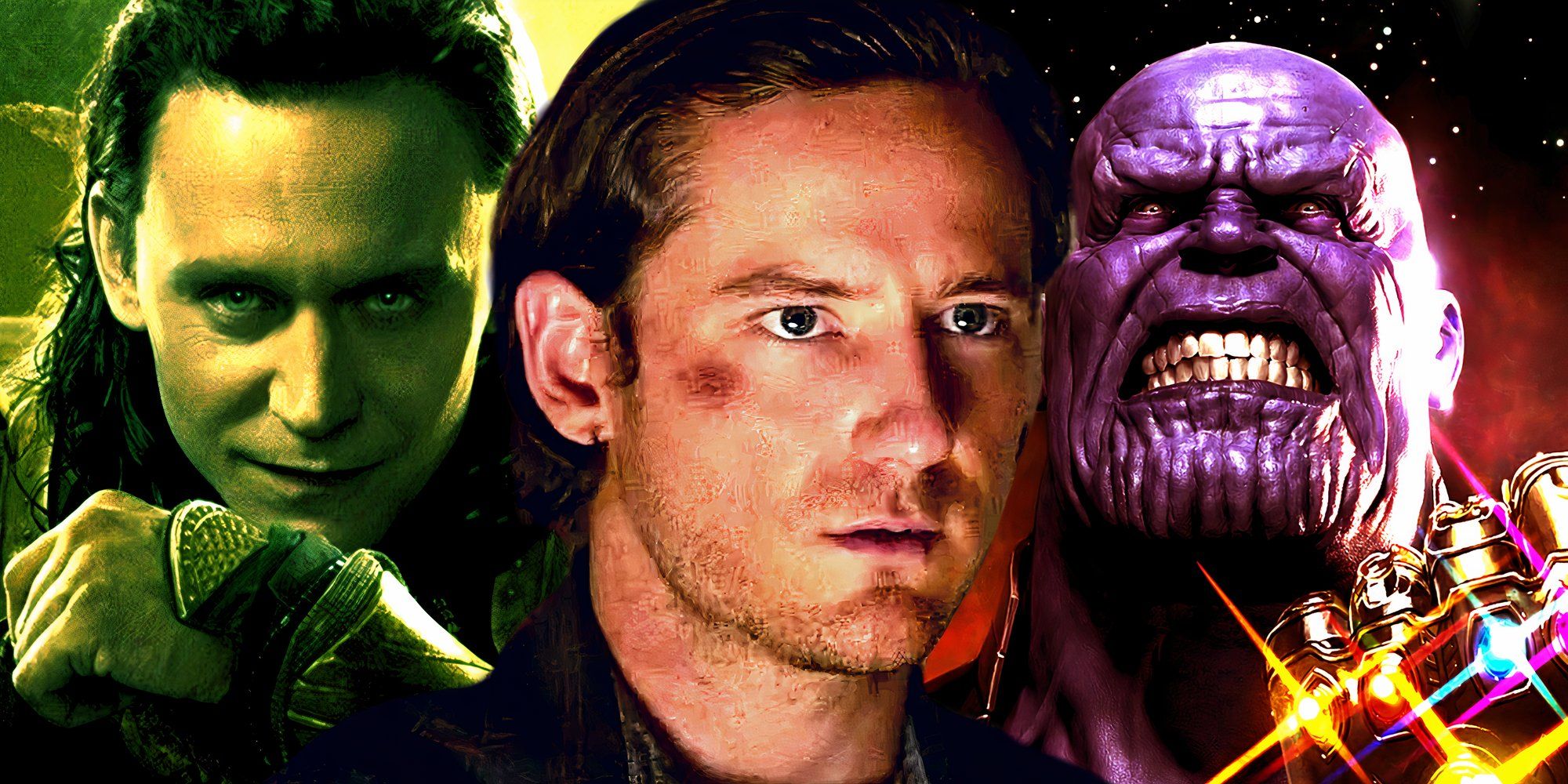 Lewis Pullman's Bob character from Thunderbolts looks worried between Tom Hiddleston's Loki and Josh Brolin's Thanos wielding the Infinity Gauntlet