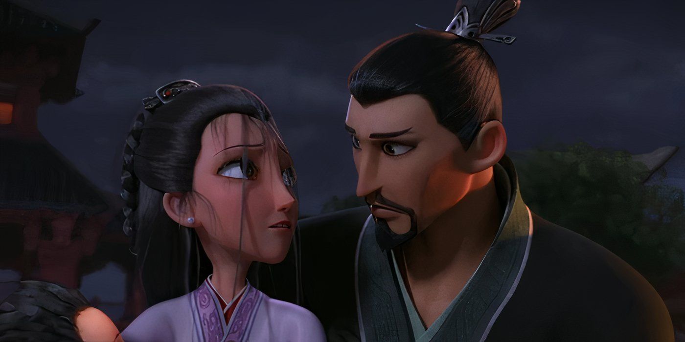 Li Jing and Lady Yin look at each other in Ne Zha