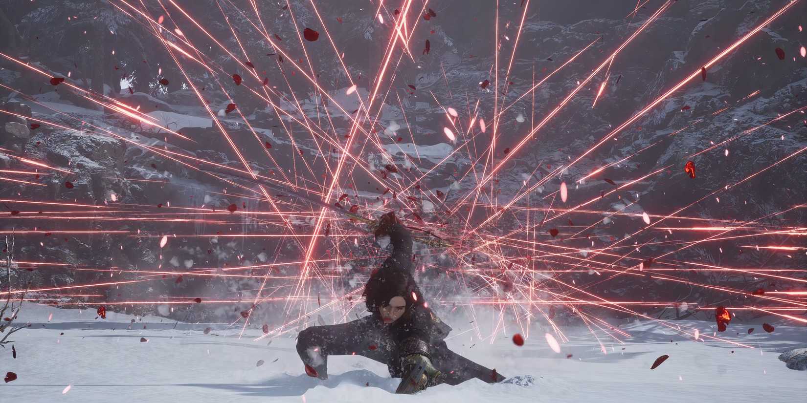 Pinocchio attacking an enemy with several red slashing attacks in the trailer for Lies of P's Overture DLC.