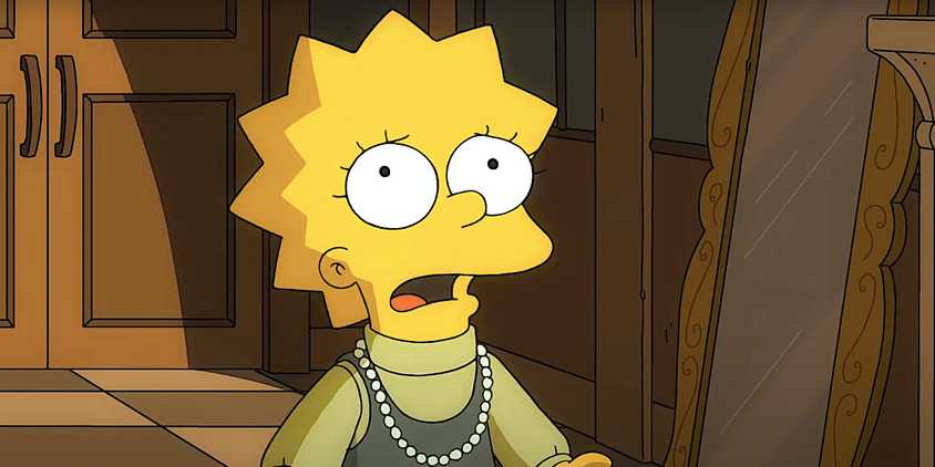 Lisa looks horrified dressed in a 1920s dress in The Simpsons season 36 The Past and the Furious