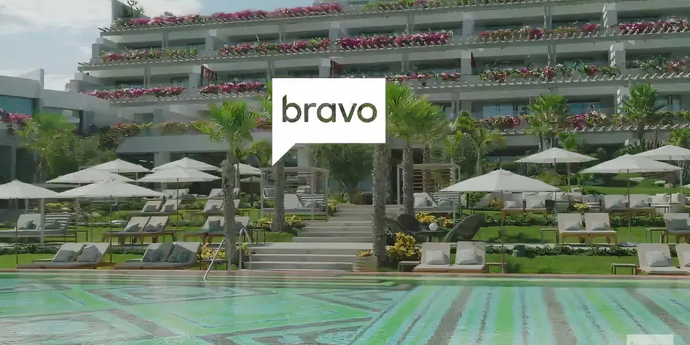 Love Hotel season 1 image with a pool and a building in the background with the show's logo.