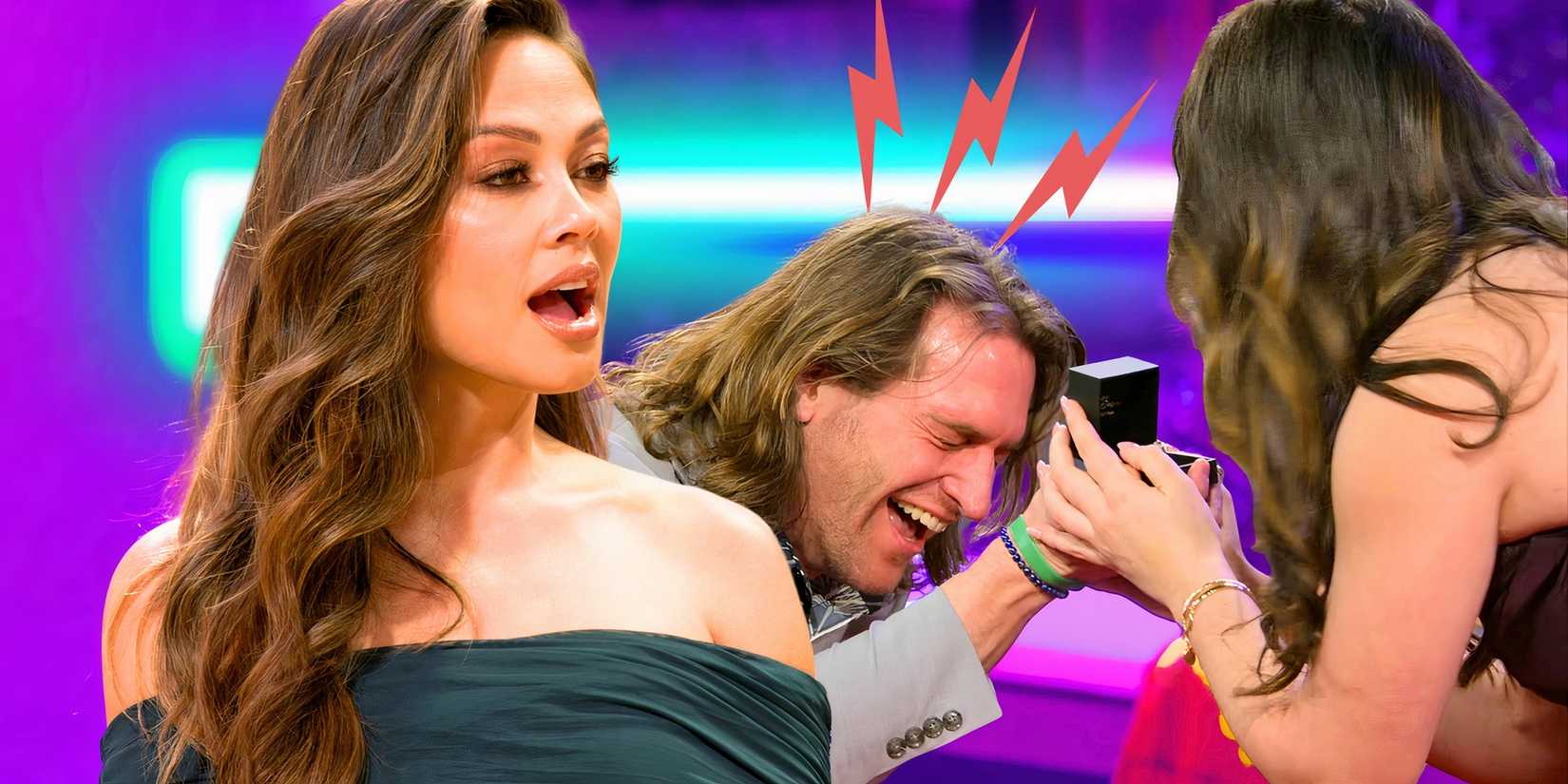 Love Is Blind host Vanessa Lachey in front of Monica and Joey's proposal