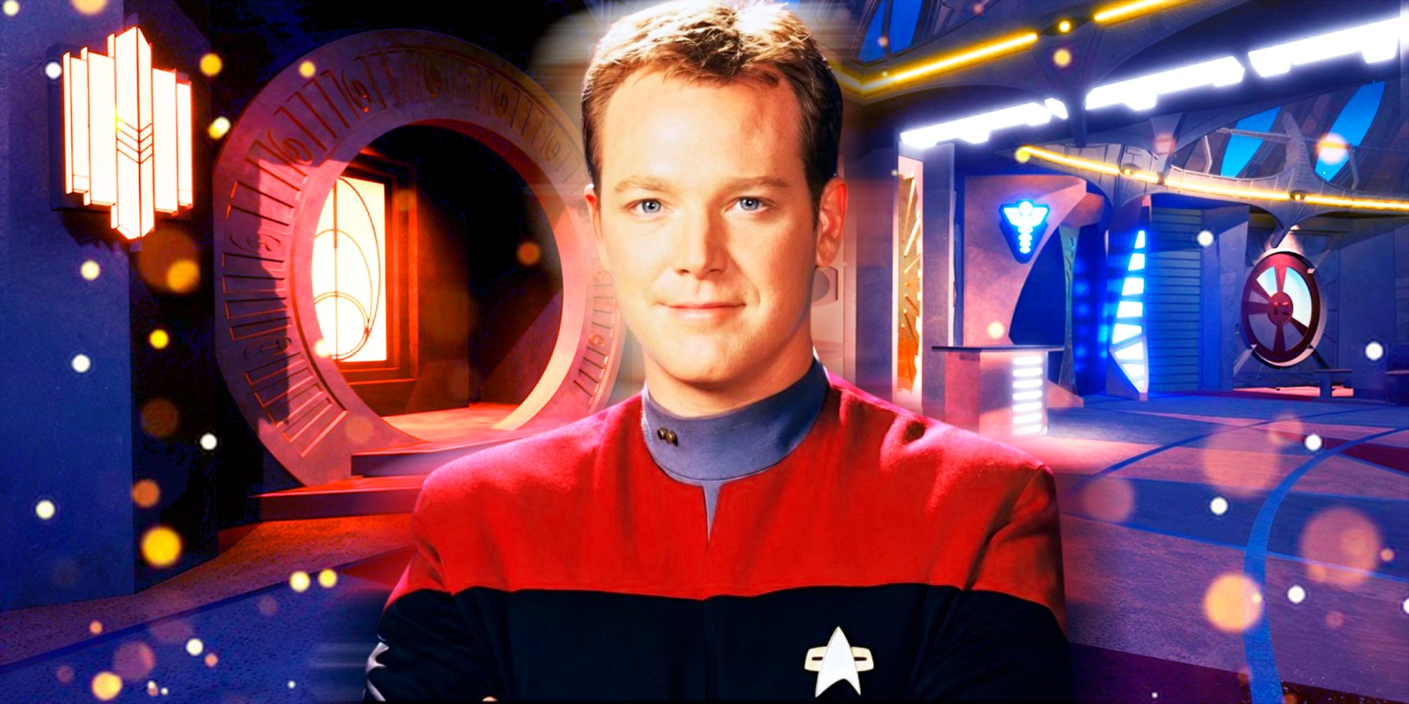 Lt. Tom Paris from Star Trek Voyager with DS9 space station promenade set behind him