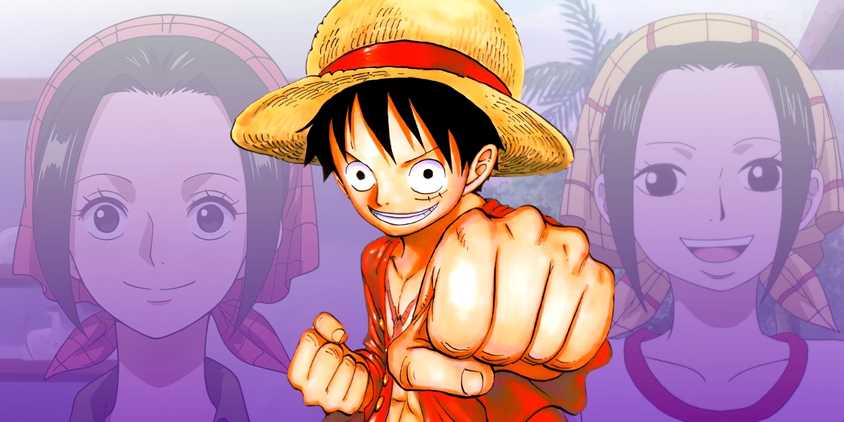 Luffy standing with his fist in front of him. Behind him, images of Makino can be seen.