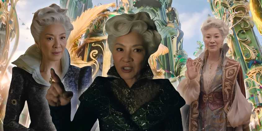 Three images of Madame Morrible in her dark blue, green, and light blue outfits, in front of the Emerald City from Wicked.