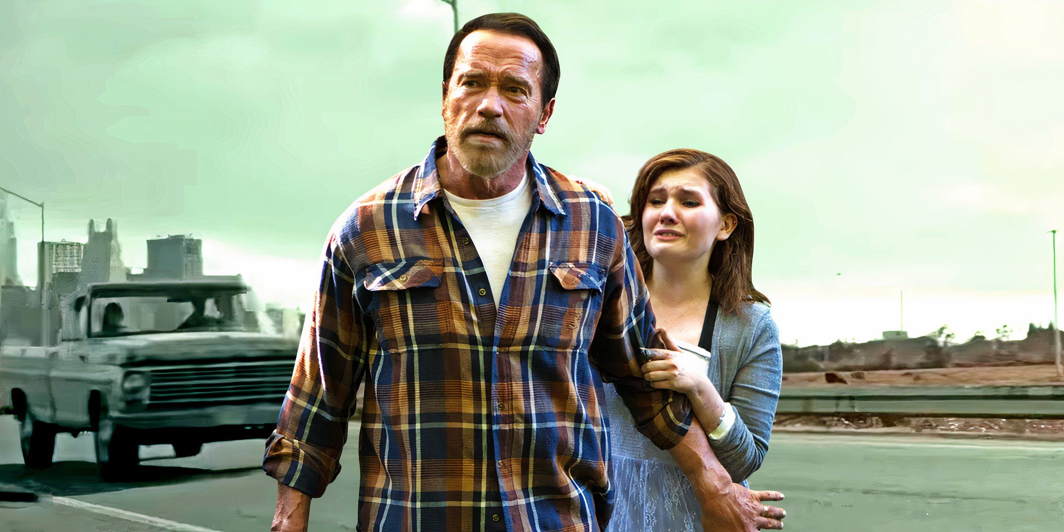 Arnold Schwarzenegger (Wade) and Abigail Breslin (Maggie) struggling in front of a post-apocalyptic scene in Maggie