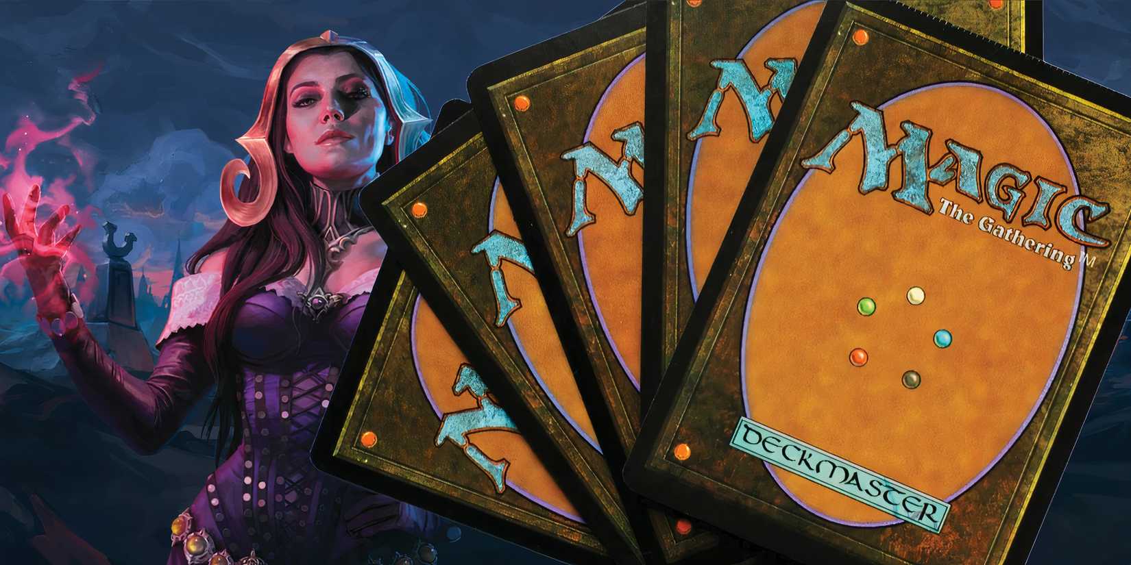 Magic the Gathering cards in front of a mage with aura on her hand.