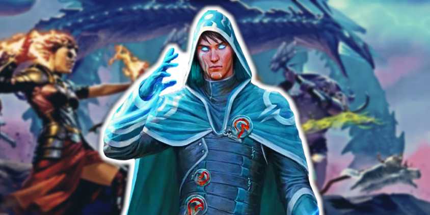 Magic the gathering hooded man in front of blurred colorized background of a fight.