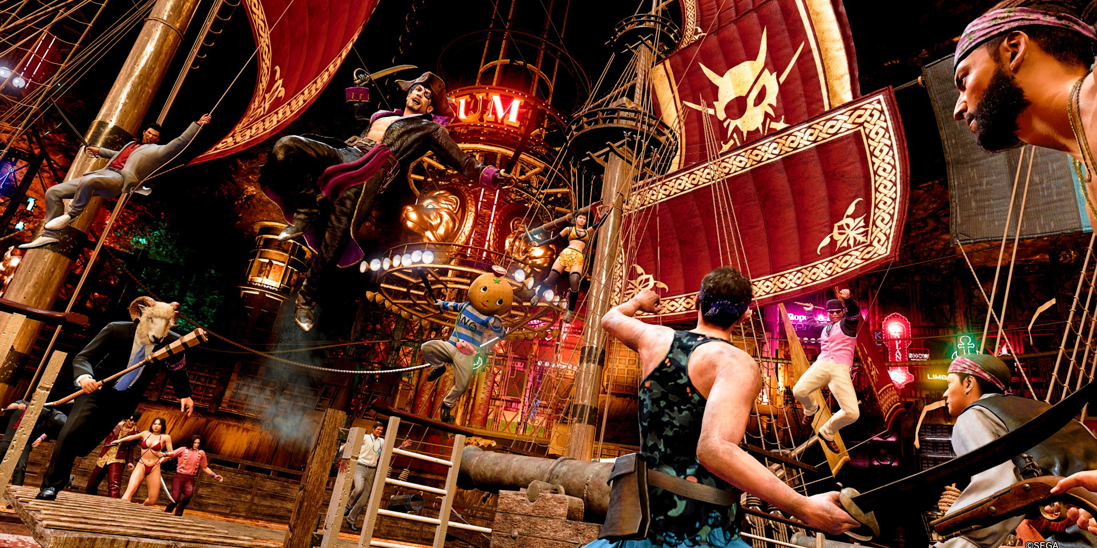 Majima and several of his crew members jump in the air, flying towards an enemy ship in a screenshot from Pirate Yakuza in Hawaii.