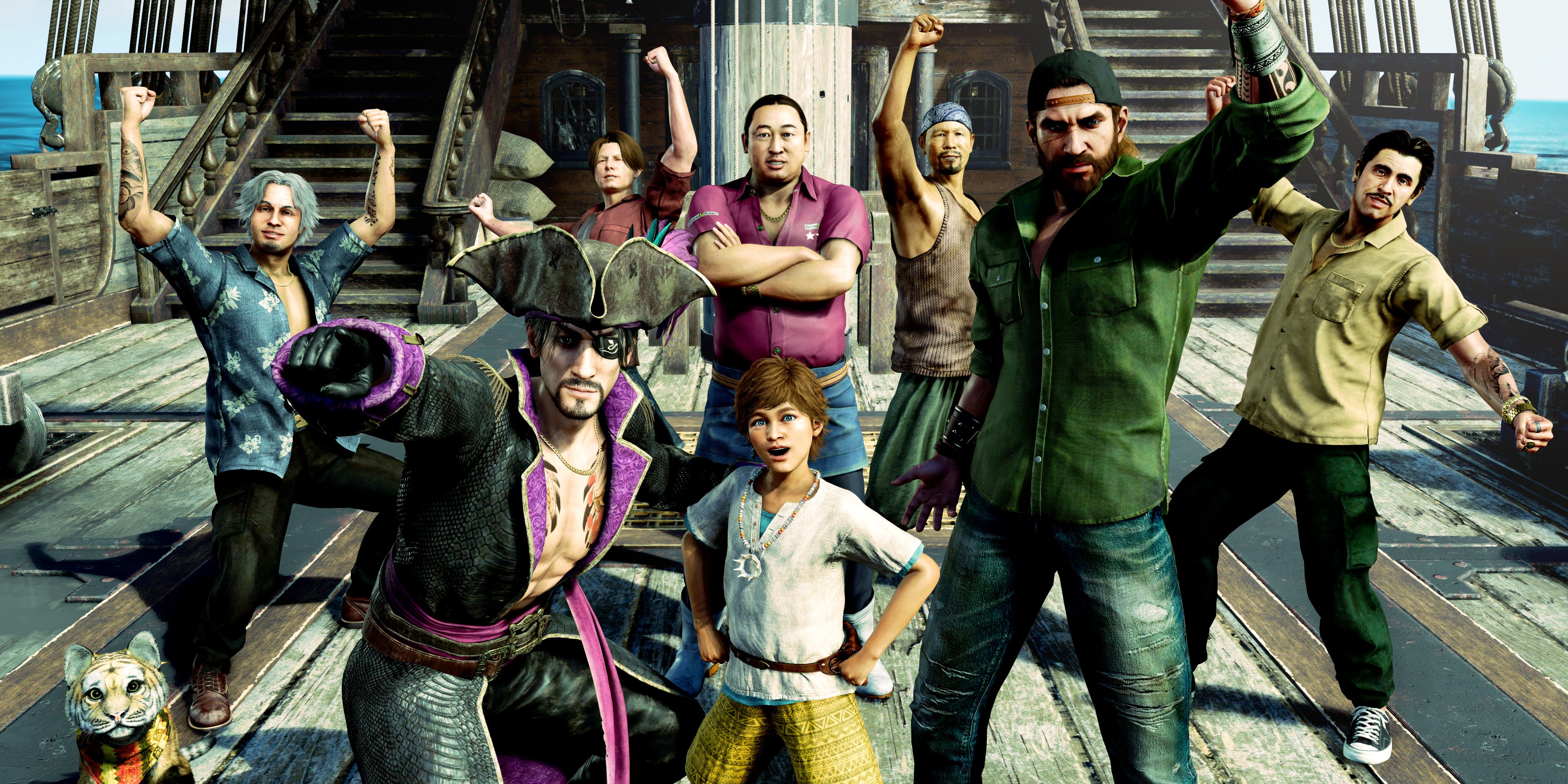 Majima, Noah, Jason, Masaru and several other members of the crew posing on the deck of gomaru on a yakuza pirate capture in Hawaii.-1