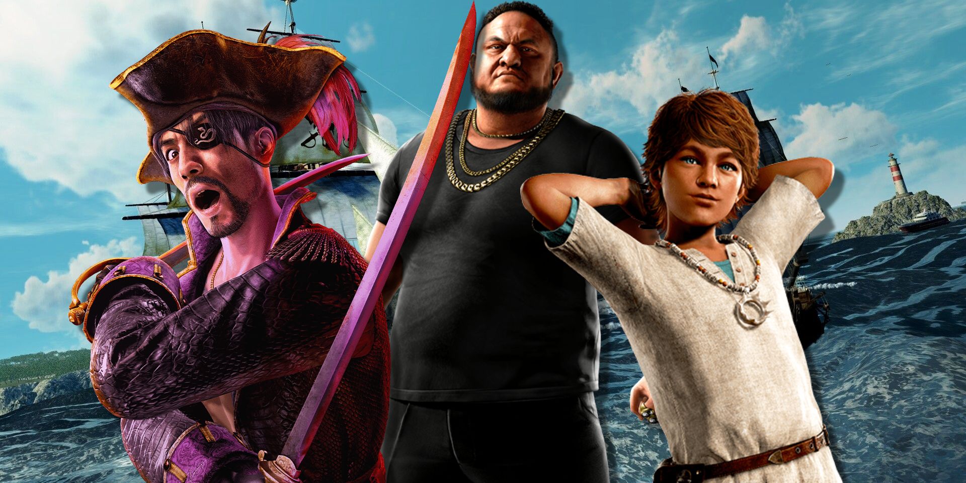Majima, Raymond Law, and Noah in front of a screenshot of ships at sea from Pirate Yakuza in Hawaii.