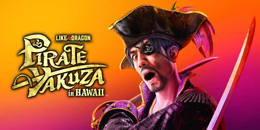 Majima with mouth agape next to the Pirate Yakuza in Hawaii logo in key art from the game.