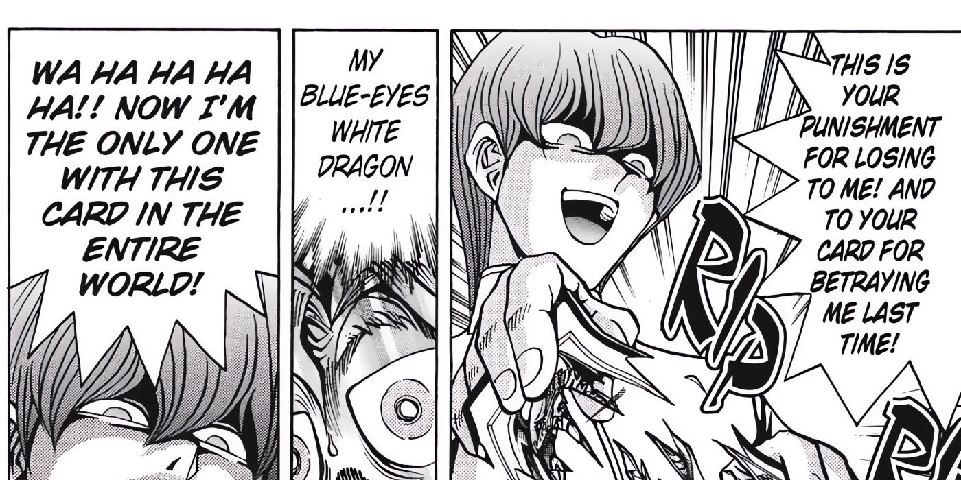 Manga Kaiba destroys Grandpa's Blue-Eyes for disobeying him in the past.