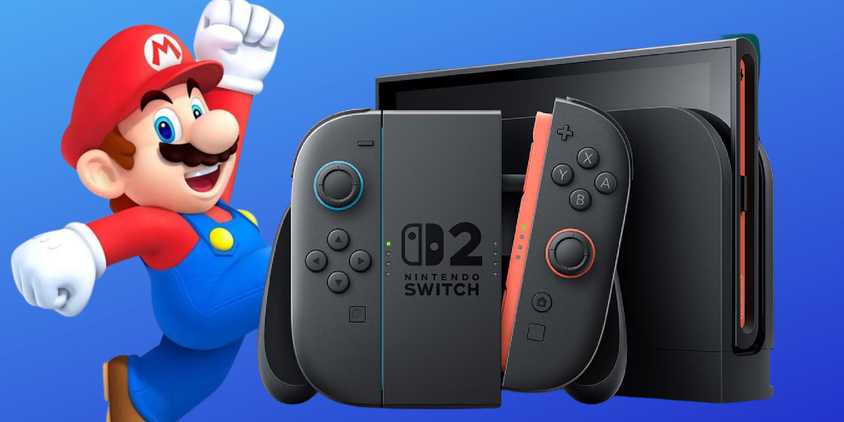 Mario behind an image of the Nintendo Switch 2 console.