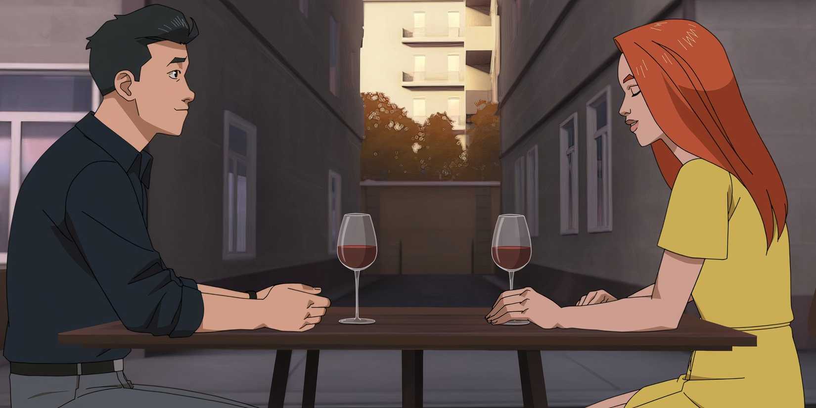 Mark and Eve sitting across from each other with wine on the table in Invincible