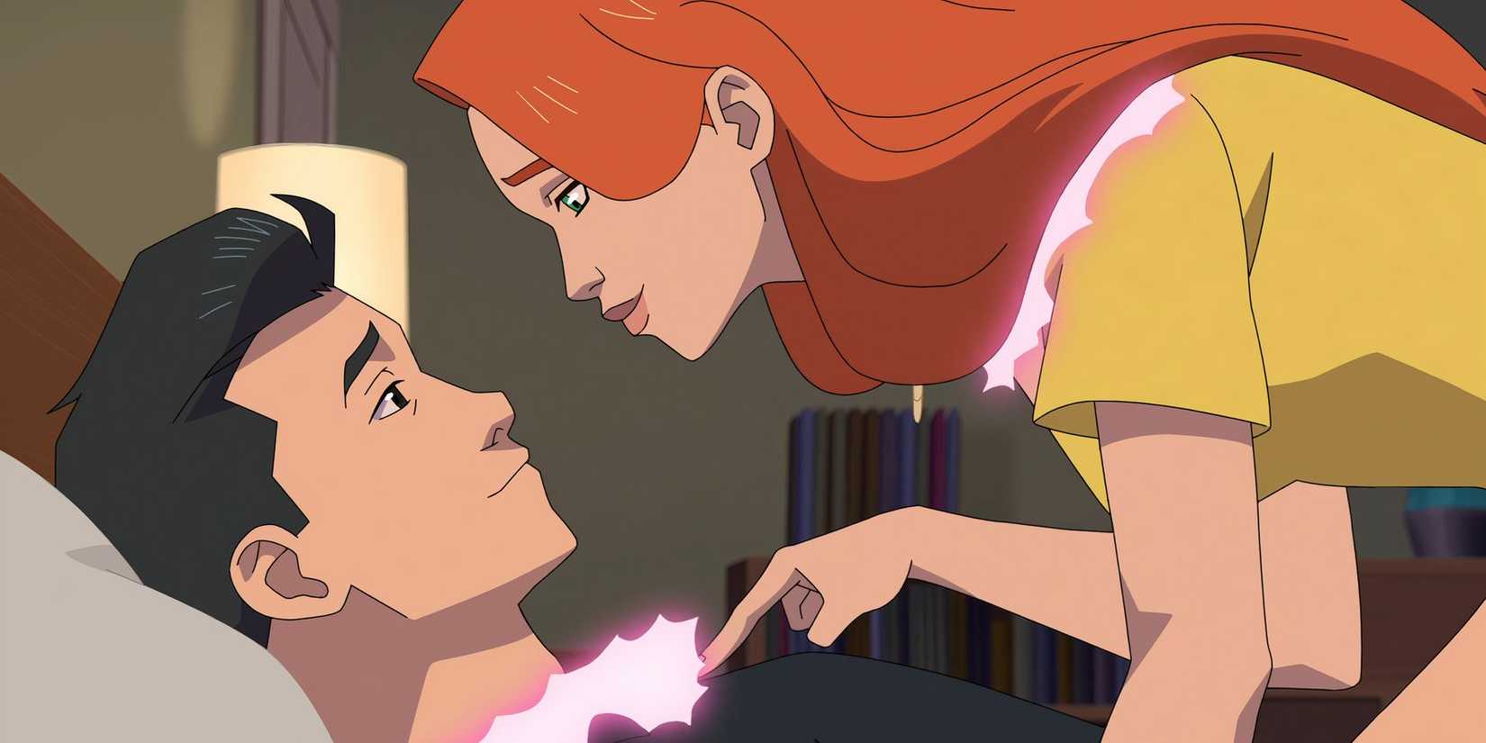 Mark and Eve smiling and looking into each other's eyes in Invincible season 3